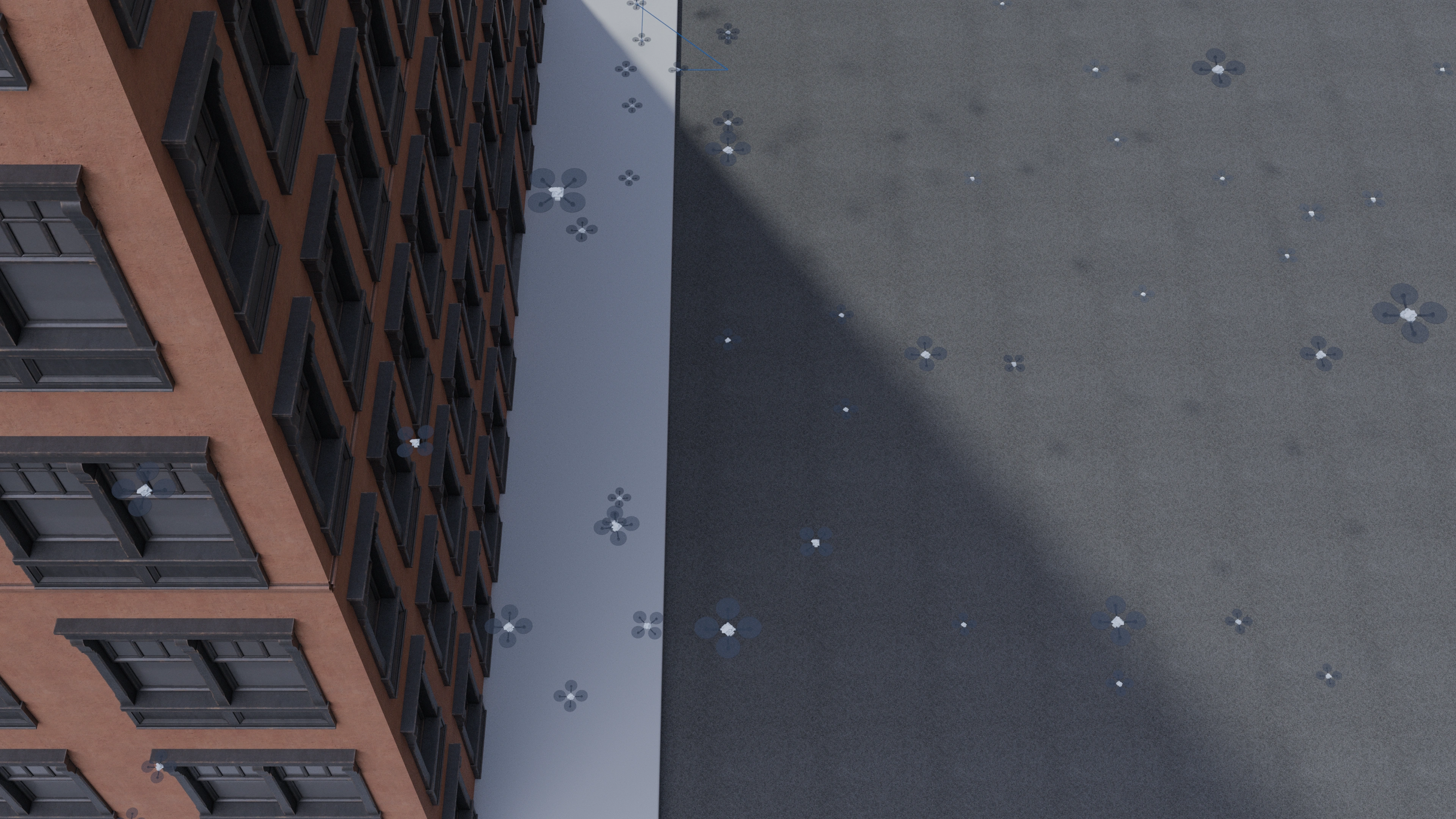 Recorded aircraft near a city building corner, with past paths